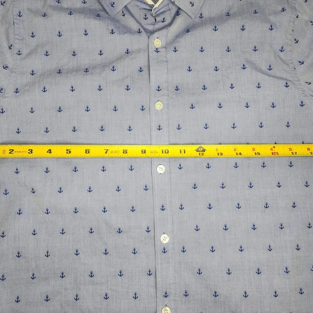 Nautical Blue Anchors Button-Up Short Sleeve‎ Casual Men's Slim M Shirt Cotton
